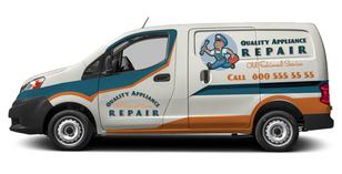 Branded appliance repair service van with company logo and contact information.